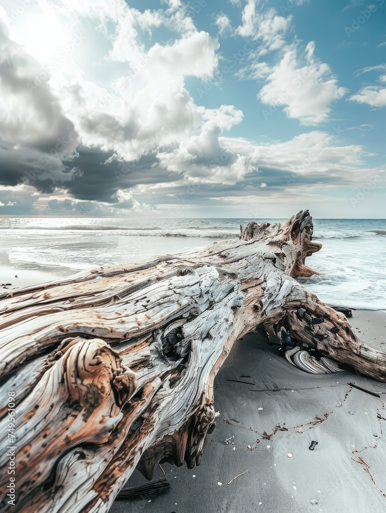 Majestic fallen tree on a sandy coastline - This breathtaking photo showcases the grandeur of a fallen tree's weathered roots on a serene beach under a dynamic sky Majestic fallen tree on a sandy coastline - This breathtaking photo showcases the grandeur of a fallen tree's weathered roots on a serene beach under a dynamic sky