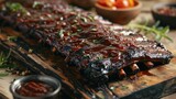 Juicy barbecued ribs on rustic wooden board - Close-up of delicious BBQ ribs with glossy sauce and fresh herbs, appetizingly presented on a wooden surface