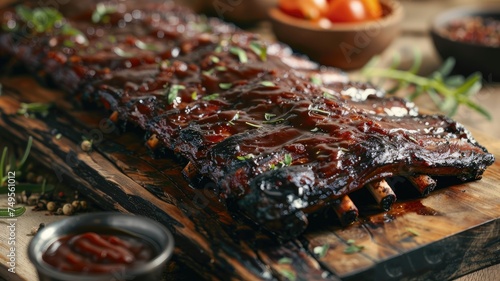Juicy barbecued ribs on rustic wooden board - Close-up of delicious BBQ ribs with glossy sauce and fresh herbs, appetizingly presented on a wooden surface