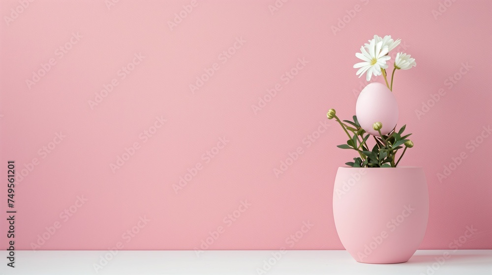 Easter egg growing instead of a flower in the pot. Minimal Easter concept in pastel colors.