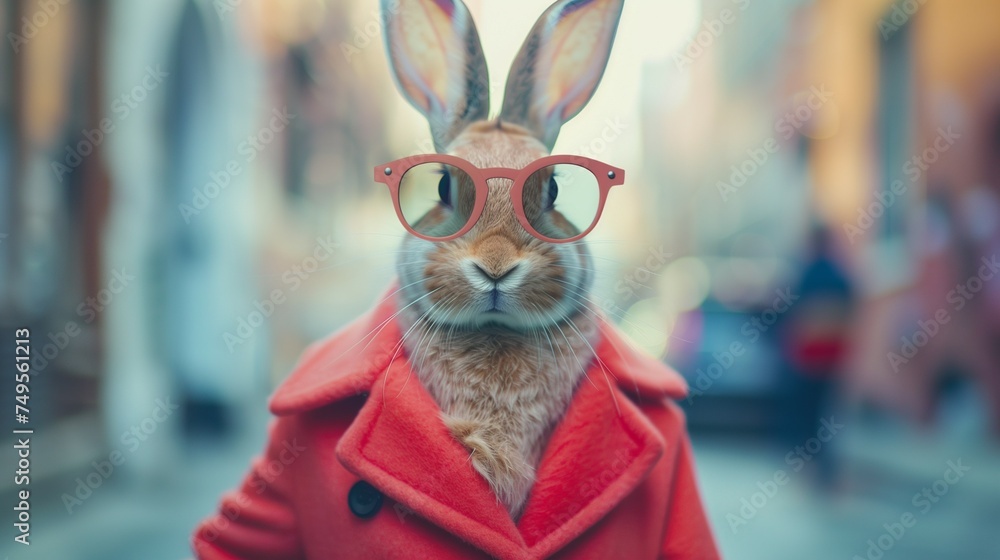 Obraz premium Modern Easter bunny wearing fashion sunglasses and a red coat. Standing in the street and announcing the arrival of Easter. Easter concept.