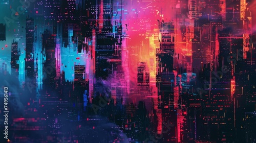 Digital abstract of a futuristic cityscape with neon colors and glitch art elements. Concept for cyberpunk themes and urban technology.