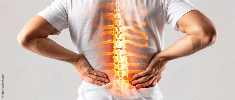 Backache: Man Suffering from Lower Back Pain - obrazy, fototapety, plakaty 
