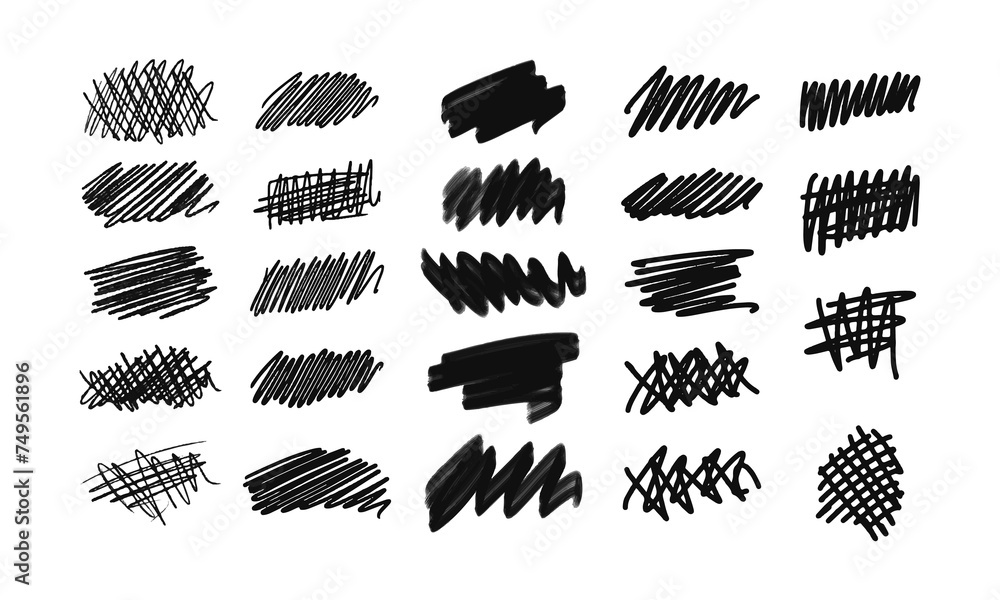Strikethroughs and scribbles. A collection of twenty-four randomly drawn squiggles and doodles. Vector set of handwritten symbols and signs - obrazy, fototapety, plakaty 