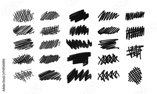 Strikethroughs and scribbles. A collection of twenty-four randomly drawn squiggles and doodles. Vector set of handwritten symbols and signs