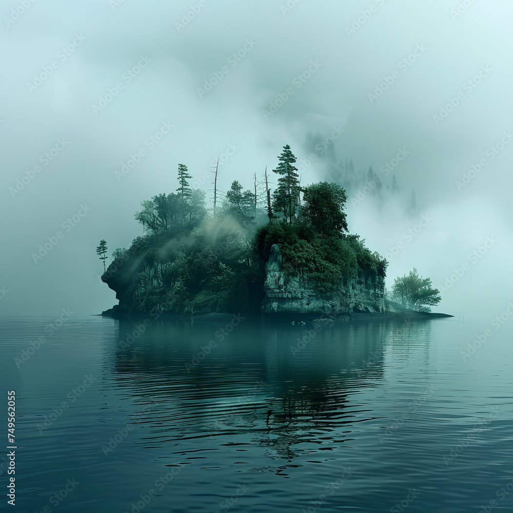 Mystic Island in Mist, shrouded in mist, is rumored to be home to powerful sorcerers and ancient artifacts - obrazy, fototapety, plakaty 