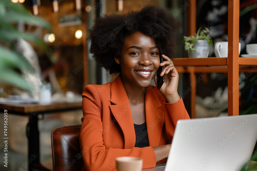 A business woman is talking on the phone with a laptop in a cafe. A business woman is talking on the phone with a laptop in a cafe.