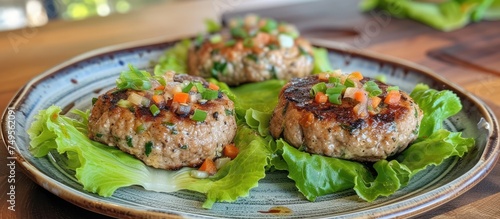 Two hamburger patties with lettuce and slices of carrots neatly arranged on a white plate.