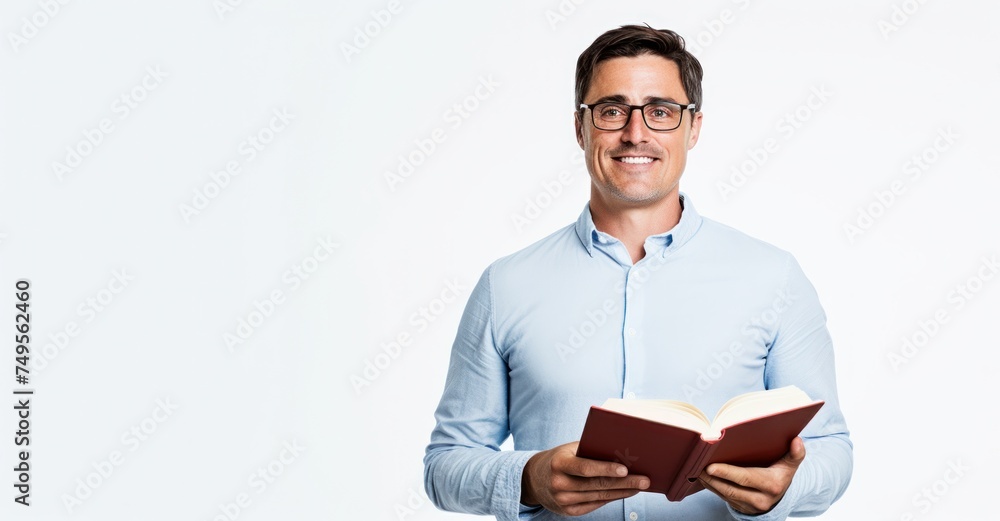 Wise and approachable teacher with book, representing educational commitment. Wise and approachable teacher with book, representing educational commitment.