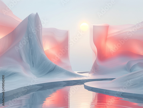 Un paysage abstrait et minimaliste, évoquant un glacier sous un ciel pastel au coucher du soleil.