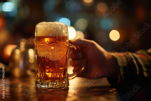 A person drinking a glass of beer with a foam and a mug