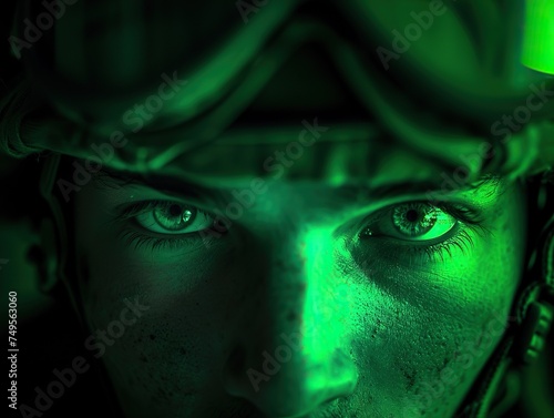 A close-up photograph of a soldier's eyes through the night vision goggles during an incursion mission. The green glow and focused gaze create an intense and immersive atmosphere,.