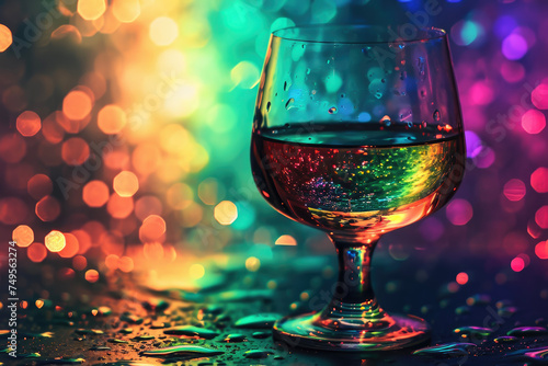 A wine glass with a rainbow effect and a starry background