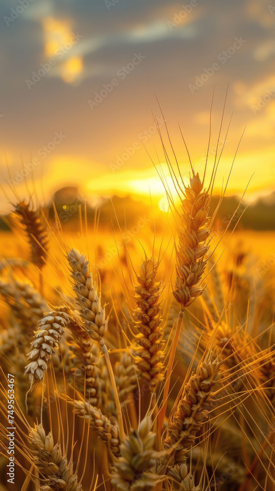 Wheat crop under a radiant sunset sky - Golden hour reflected on a wheat farm, with individual wheat stalks highlighted by the setting sun's light
