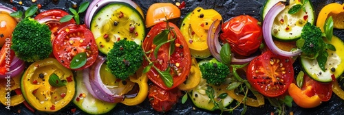 Vibrant vegetable medley with assorted slices - A vibrant medley of vegetable slices artistically arranged showcases freshness and a spectrum of colors