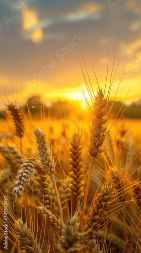 Wheat crop under a radiant sunset sky - Golden hour reflected on a wheat farm  with individual wheat stalks highlighted by the setting sun s light