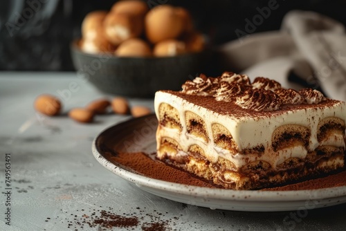 Slice of tiramisu with cocoa dusting and almonds - High-quality image featuring a single piece of tiramisu dessert on a plate, with a rustic backdrop Cocoa powder and almonds add texture and flavor photo