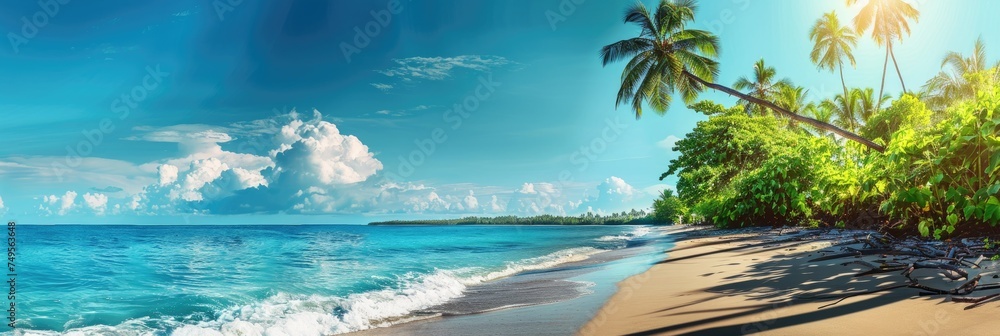 Tropical beach with palm trees and ocean - Panoramic view of a deserted tropical beach with lush palm trees, blue ocean water, and white sand leading to a horizon with tranquil skies and clouds