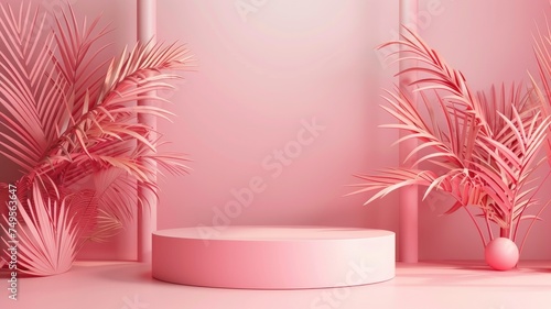 Tropical pink toned product display with leaves - A serene pink product display podium with palm leaves casting soft shadows