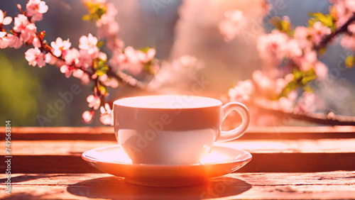Cup of coffee on table - Cherry Blossoms outside
