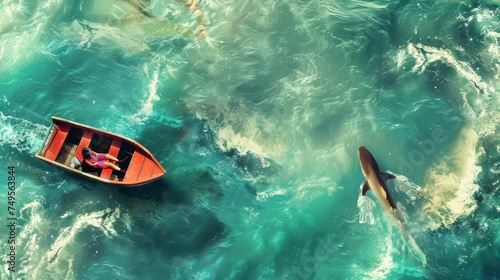 Aerial View: Serene Seaside with Majestic Shark and Boat