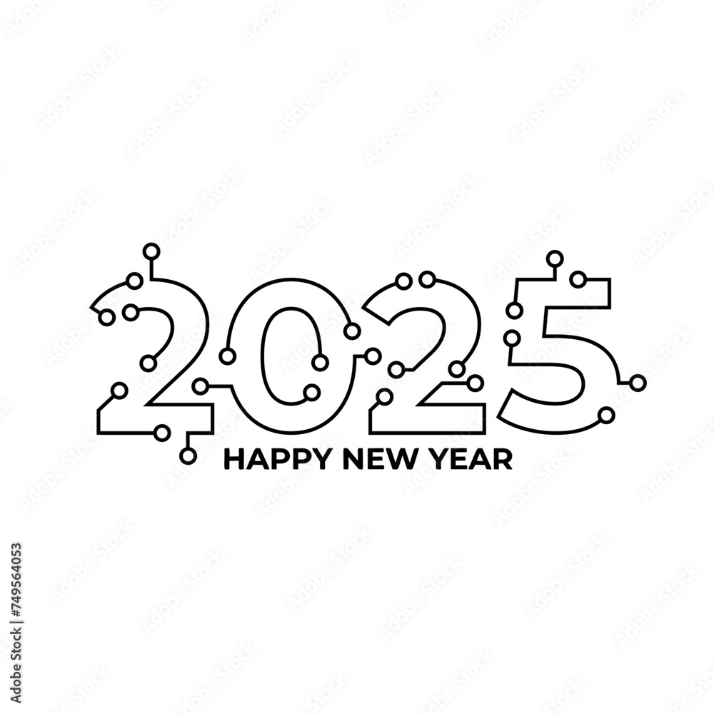 Happy new year 2025 text design with high tech circuit board texture. Vector illustration.