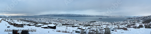 Panorama of the city of Narvik, Norway and the Ofotfjorden on a winter day