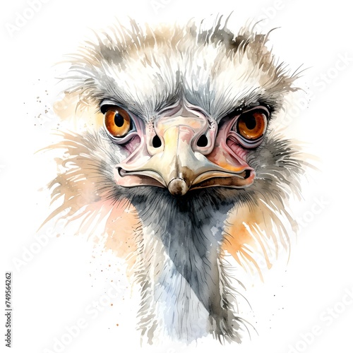 Close-up of an ostrich face with detailed feathers and expressive eyes © Maksim