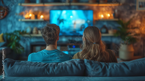 Gemütlicher Fernsehabend eines jungen Paares im stilvollen Wohnzimmer