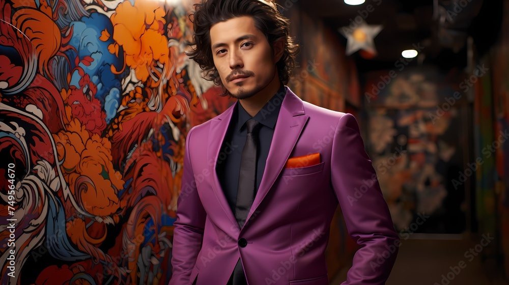 A Japanese male model standing in front of a colorful mural, wearing a vibrant purple suit adorned with intricate patterns, with the image captured in high definition