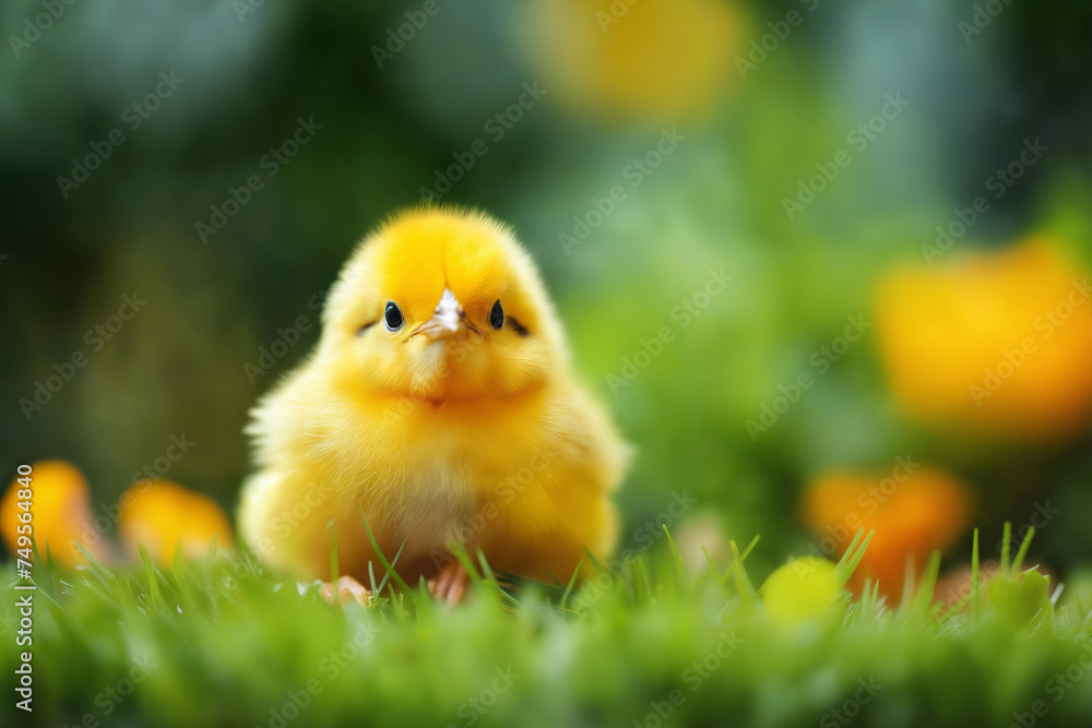 Small chick against the background of spring nature on Easter, in a bright sunny day at a ranch in a village.