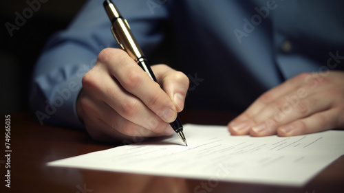 Close-up of hand writing or Signing a document.