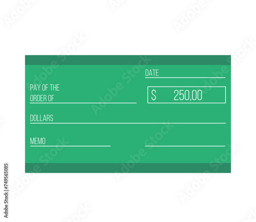 250 Dollars check sheet. Bank check for cash in dollars. Design for business and finance