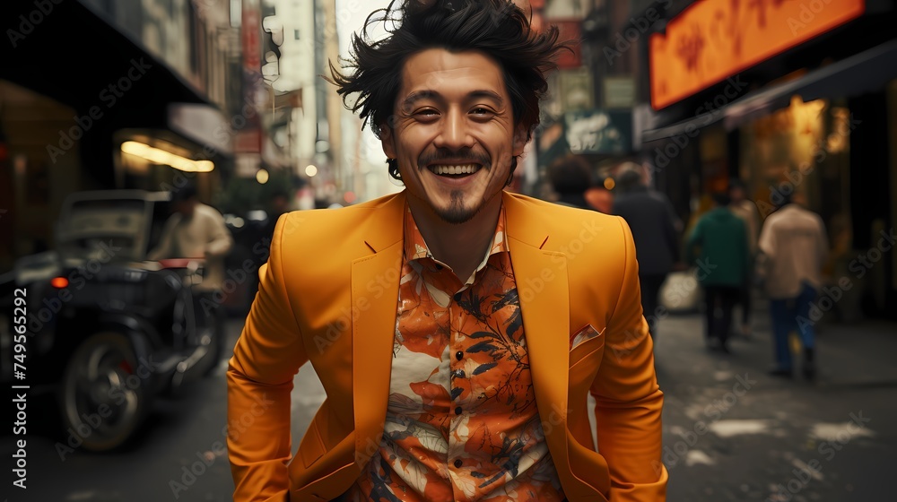 A Japanese male model confidently striding through a lively cityscape, dressed in a vivid yellow suit paired with a vibrant floral shirt, photographed in stunning HD quality