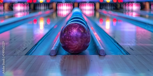 Colorful glowing bowling balls on shiny lane at contemporary bowling center. Concept Bowling, Glowing Balls, Modern Center, Colorful Scene photo