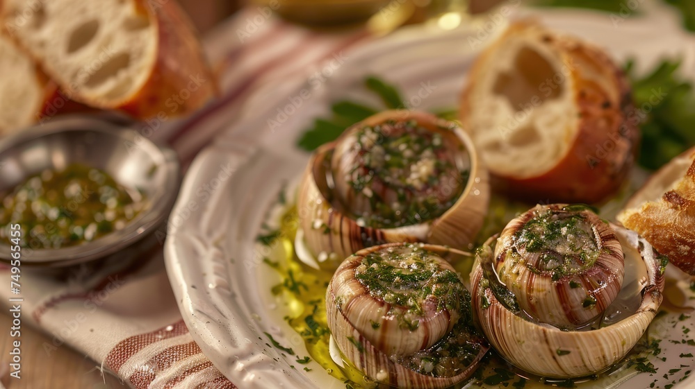 Snails with garlic butter and herbs served on plate - Delicate escargots served with garlic butter and herbs on a rustic plate accompanied by bread