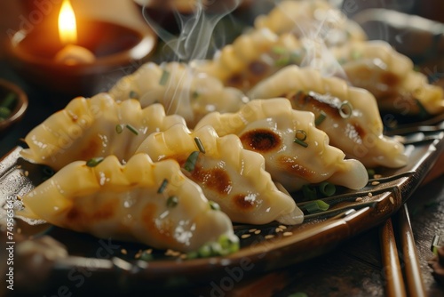 Steamed dumplings on dimly lit setting - Appetizing steamed dumplings beautifully arranged on a plate, with steam rising in a dimly lit atmosphere