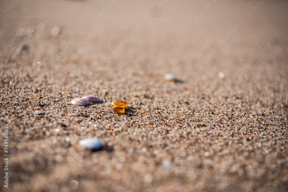 Small pieces of amber lying on the sand beach in a sunny day
