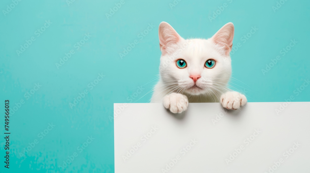 A white cat holds a white sheet of paper with free space for text, studio isolated blue background.