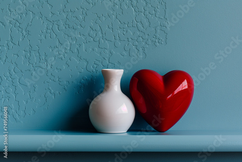 Simple yet striking red heart and white vase on a blue shelf with text space