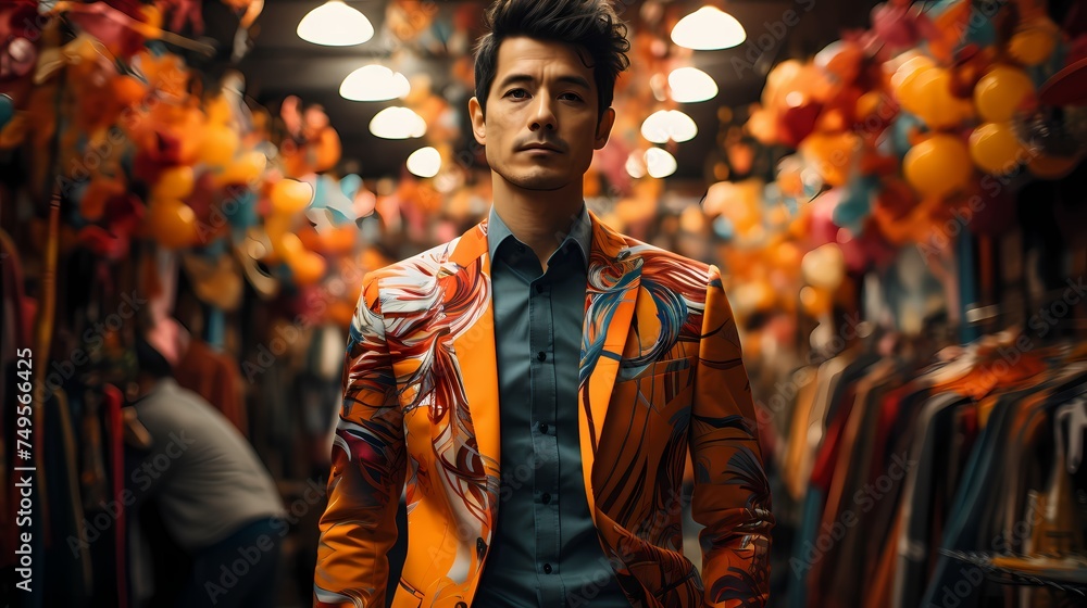 A Japanese male model walking through a bustling market, dressed in a colorful suit adorned with artistic patterns and bold hues, with the image captured in high definition