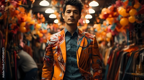 A Japanese male model walking through a bustling market, dressed in a colorful suit adorned with artistic patterns and bold hues, with the image captured in high definition