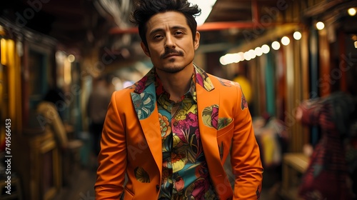 A Japanese male model walking through a bustling market, dressed in a colorful suit adorned with artistic patterns and bold hues, with the image captured in high definition