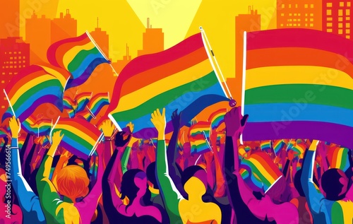 Crowd of people holding lgbt flags. LGBT community concept. 2d illustration. LGBT Concept with Copy Space. Pride Month Concept.