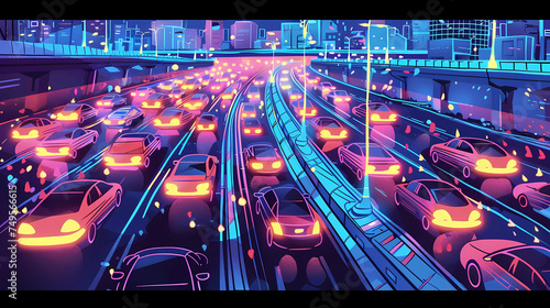 Ilustrative vector graphic urban traffic jam of the future highway traffic at night comic style photo