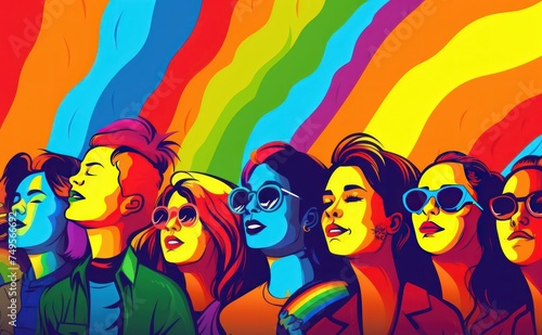 Group of young people on a rainbow background. 2d illustration. LGBT Concept with Copy Space. Pride Month Concept.