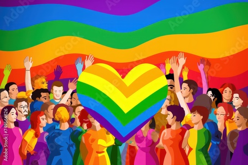 Crowd of people with rainbow heart on rainbow background. LGBT community concept. 2d illustration. LGBT Concept with Copy Space. Pride Month Concept.