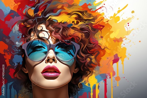Portrait of beautiful young woman with curly hair and sunglasses. LGBT community concept. 2d illustration. LGBT Concept with Copy Space. Pride Month Concept.