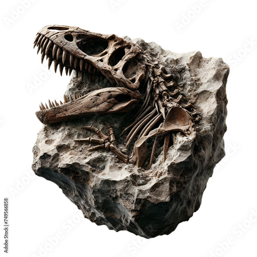 a dinosaur fossil in a rock isolated on transparent background  photo