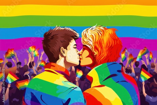 Gay couple kissing on the background of a rainbow flag. LGBT community concept. 2d illustration. LGBT Concept with Copy Space. Pride Month Concept. © John Martin